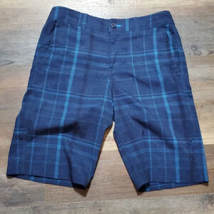O'Neil blue plaid hybrid board shorts gor buckle
